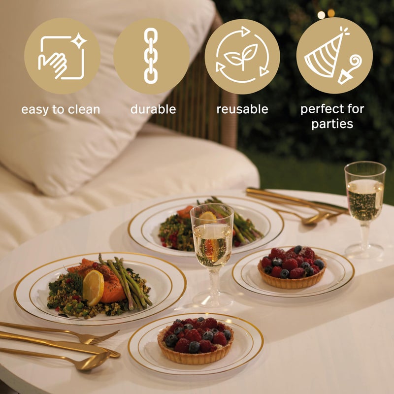 MATANA 60 Reusable or Disposable Plastic Plates Gold with White Gold Rim - 30 Dinner Plates 10.25", 30 Salad Dessert Appetizer Plates 7.5", Heavy Duty, Elegant, Premium for Parties, Wedding & Events - Image 4